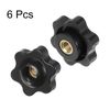 sourcing map 6pcs Star Knobs M5 Female Thread 25mm 6-Point Plastic Head Brass Insert Through Hole Screw-in Threaded Hand Knob Clamping Handle, Black