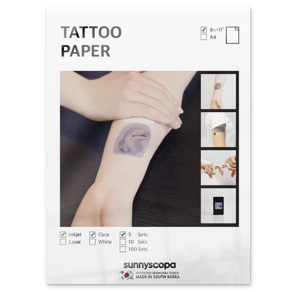 Sunnyscopa Printable Temporary Tattoo Paper for INKJET printer - US LETTER SIZE 8.5"X11", 5 SHEETS - DIY Personalized Image Transfer Sheet for skin - Custom Waterslide Decal Stencil Henna