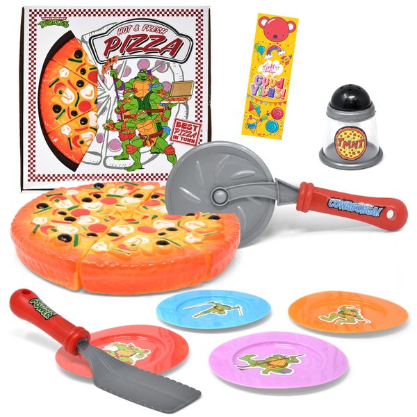 Pizza Party Play Food Toy Set for Kids Slice & Serve Plastic Pizza Pretend Box Pie Cutter Fake Condiments Play Foods & Bookmark for Children Toddlers