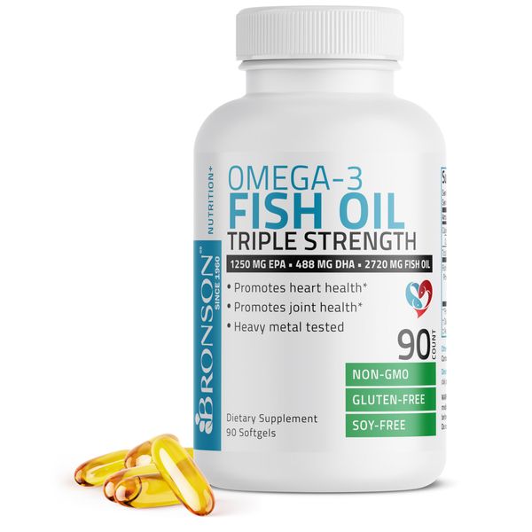 Bronson Omega 3 Fish Oil Triple Strength 2720 mg, High EPA 1250 mg DHA 488 mg, Non-GMO Heavy Metal Tested, 90 Softgels