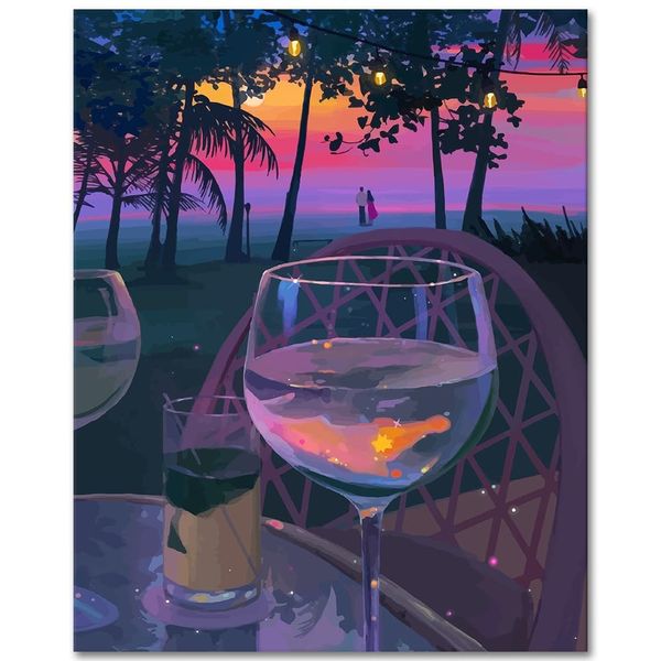 TISHIRON DIY Beach Paint by Numbers for Adults with Brushes and Acrylic Pigment Seaside Sunset Adults Paint by Number Kits Wine Frameless Oil Painting Art Crafts 16x20 Inches