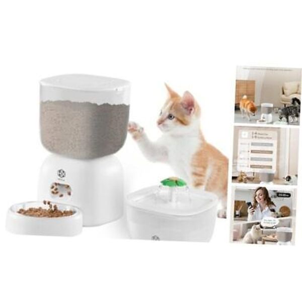 Automatic Cat Feeder and Water Dispenser Set with Pet Food Bowl Timer, White