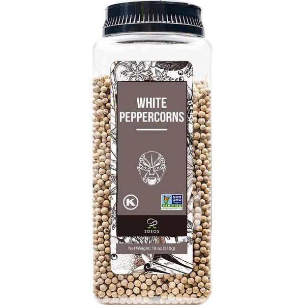 Soeos White Peppercorns, 18oz (Pack of 1), Non-GMO, Kosher, Packed to Keep Peppers Fresh, Peppercorn for Grinder Refill, Whole Peppercorns