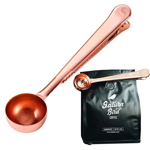 MINGZE Stainless Steel Coffee Measuring Scoop, with Bag Seal Clip Spoon for Milk Powder Tea Oatmeal, for Ground Coffee and Beans, Great Gift Basket Idea (Rose Gold)