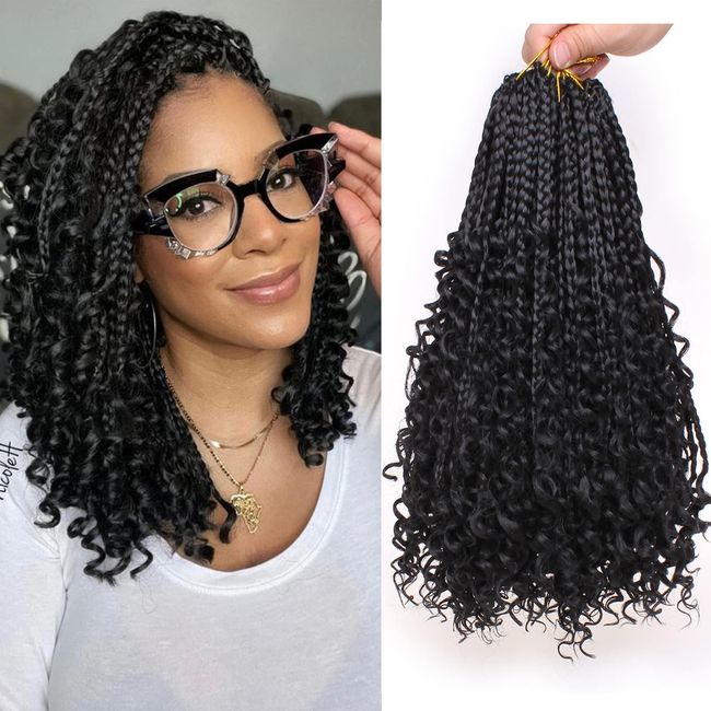 COOKOO 8 Packs Goddess Box Braids Crochet Hair for Black Women 14 Inch Bohomian Hippie Crochet Box Braids Curly Ends Crochet Braids Synthetic Braiding Hair 1B#