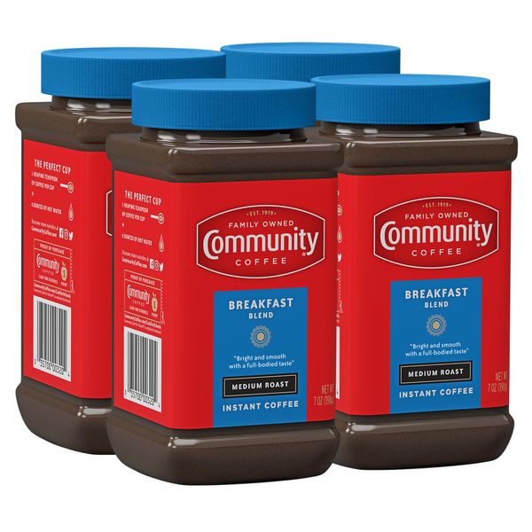 Community Coffee Breakfast Blend Instant Coffee, Medium Roast, 7 oz Jar (Pack of 4)