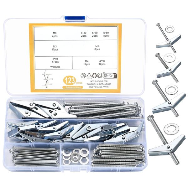 123Pcs Toggle Bolt and Wing Nut Kit, Heavy Duty Hollow Wall Anchors for Drywall,