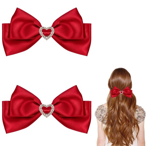 2pcs Red Satin Bow Hair Clips, Christmas Hair Bow Clips Rhinestone Heart Decor Red Double Layer Bow Hair Barrettes, Christmas New Year Valentines Day Hair Accessories Gifts for Women Girls