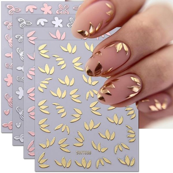 3D Metallic Flower Leaf Nail Art Stickers Mirror Silver Rose Gold Flower Nail Decals Floral Nail Stickers for Nail Art Supplies Bronzing Petal Leaves Flower Stickers for Girls Women Nail Decorations