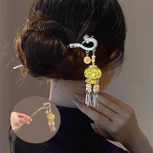 Lantern Light Tassel Hairpins Hair Stick phoenix Chinese Coiled Hair Antique Hair Pin Hair Accessories for Women Red #08