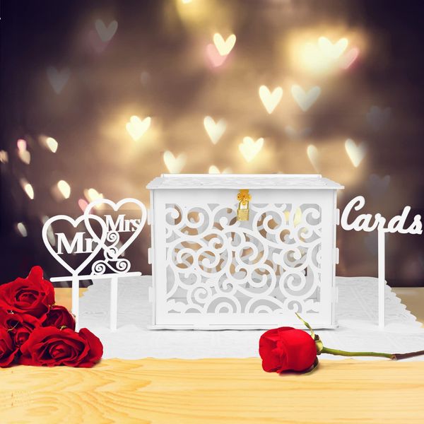 Wedding Card Box, KPOSIYA Hollow Out Wooden Card Box with Lock & Card Sign & Lace Table Mat , Wedding Decorations Card Receiving Box Card Box for Wedding Reception Birthday Party Baby Shower