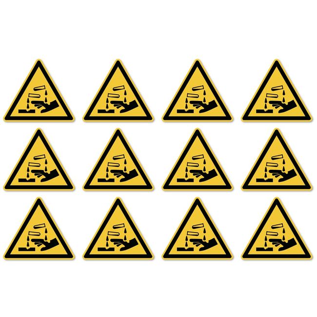 Warnung vor ätzenden Stoffen: W023 - DIN EN ISO 7010 / ASR A1.3 - Aufkleber: 2,5 cm, 12 Stück