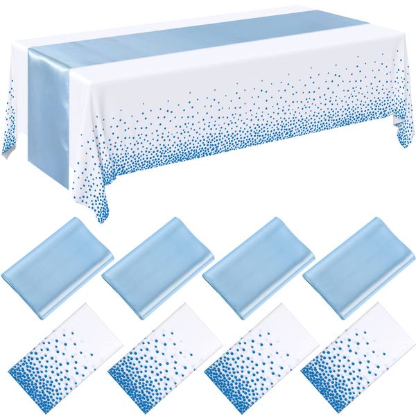 Breling 8 Pack Baby Blue and White Disposable Plastic Tablecloths and Satin Table Runner Set, 54 x 108 Inch Tablecloth, 12 x 108 Inch Table Runners for Wedding Graduation Birthday Baby Shower New Year