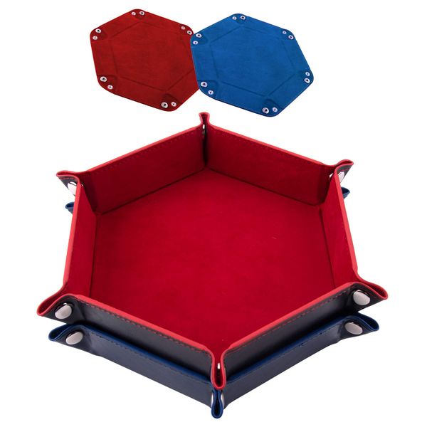 SIQUK 2 Pieces Dice Tray Hexagon Dice Folding Tray PU Leather Velvet Holder for Dice Games like RPG, DND, and Other Table Games, Red and Royal Blue