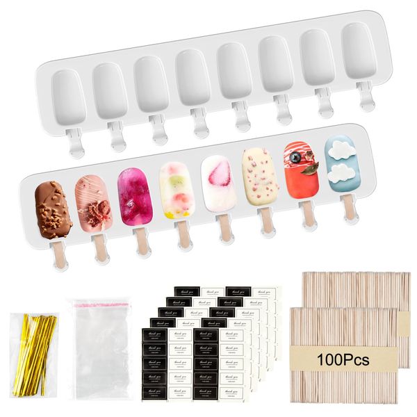 2 Pcs Ice Cream Mould, 8 Cavities Silicone Pop Ice Lolly Mold, Magnum Cake Mould BPA Free, Cakesicle Moulds Reusable with 100 Wooden Sticks 100 Self-Adhesive Bags 100 Packaging Wire 100 Stickers