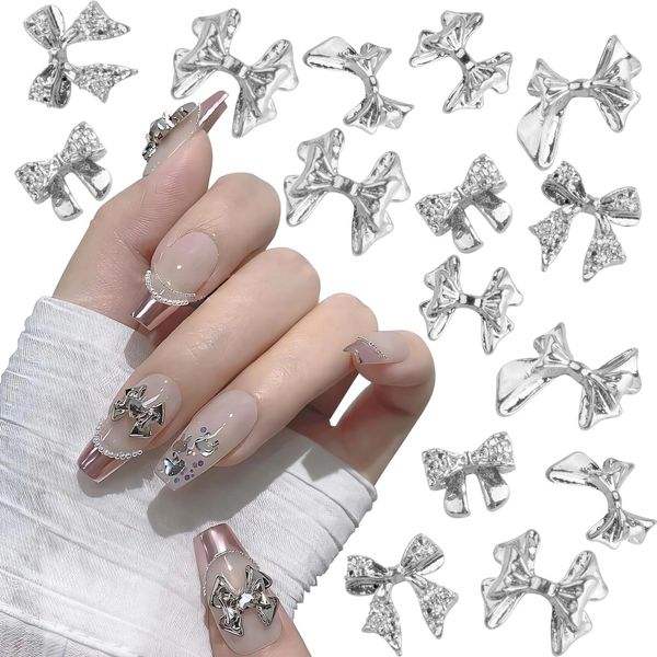 60pcs 3D Bow Charms for Nails Bow Nail Charms, Metal Sliver Bow Nail Art Charm 3 Butterfly Nail Shape for Women Girls Nail Art