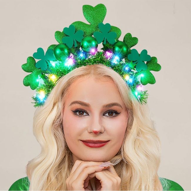 GORTIN Light Up St Patrick's Day Headband Green LED Shamrock Headband Green Ball Glow Headpiece Irish Day Festival Party Costume Headwear Hair Accessories for Women and Girls