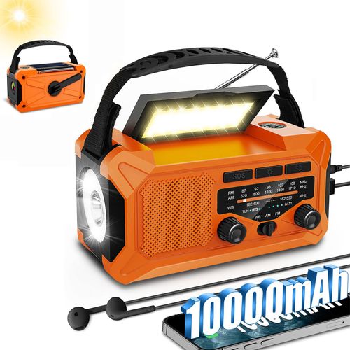 10000mAh Emergency Radio,Multi-Function AM/FM/NOAA Weather Radio,Hand Crank,USB Cable 3 Charging Methods,SOS Alarm,Flashlight,Phone Charger,Compass,Reading Lamp(Tangerine)