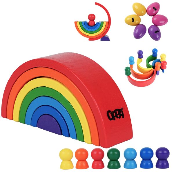 OPPA Colorful Plastic Egg Shakers 6 PCS and Rainbow Stacking Toy, Hand Percussion Musical Shaker, Wooden Rainbow Stacker Nesting Blocks, Educational Toy for Toddlers Baby Preschool Kids