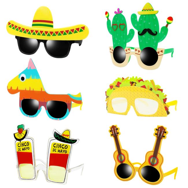 Ocean Line Fiesta Party Supplies Glasses - 6 Pairs Mexican Themed Costume Sunglasses, Cinco De Mayo Photo Booth Props for Taco Tout Donkey Pinatas Cactus Decoration
