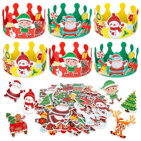 AnyDesign 180Pcs Christmas Foam Crown DIY Craft Kit Snowman Xmas Tree Snowflake Foam Stickers Xmas Adjustable Headband Crown Hats with Stickers for Christmas Party DIY Crown Supplies, Pack of 6