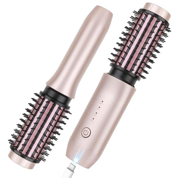 Cordless Curling Iron Brush, 2024 NEW Portable Travel Curling Iron Mini Brush for Women, 7000Mah USB Rechargeable Curling Wand Brush with Negative Ion, Pink