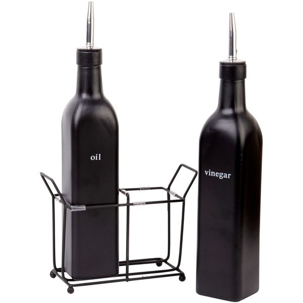 Matte black 16 oz oil and vinegar bottles in rack