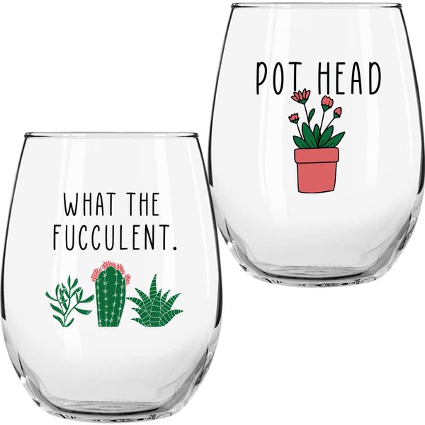 Succulent Plant Cactus Gifts for Women- Set of 2 Funny Wine Glasses 15oz - Plant Lover Gift Mug - What the Fucculent- Pot Head Crazy - Plant Lady Wine Glass Tumbler - Custom Stemless Wine Glasses