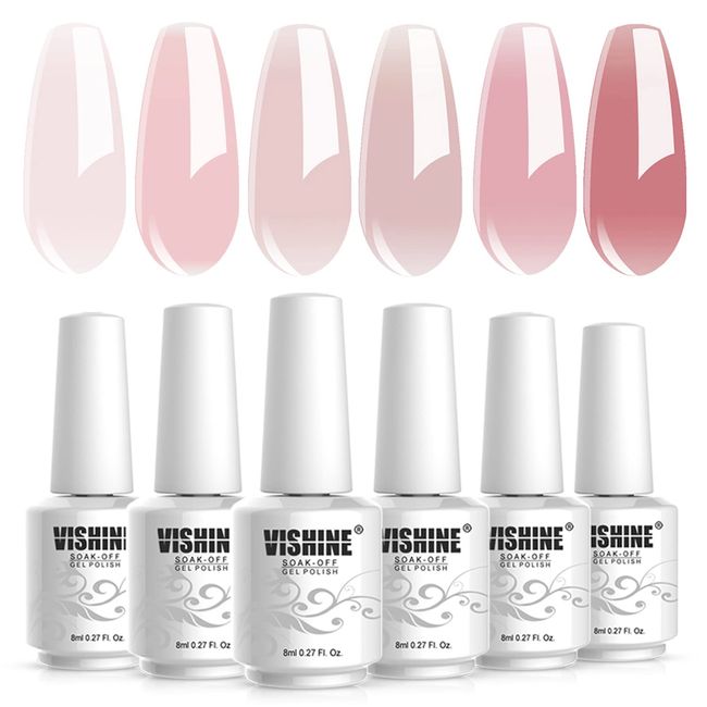 Vishine Nude Gel Polish Kit, Sheer Milky Pink Jelly Transparent Nail Polish UV LED Gel Nail Polish Varnish Nail Art DIY Saon 6Pcs 8ML