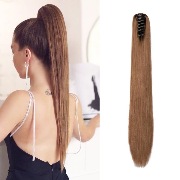 Dcbaboo 22inch Claw Clip in Ponytail Hair Extensions Long Straight Ponytail Extension Synthetic Pony tails Natural Wave One Piece Hairpiece Fake Ponytail for Women, Golden Brown