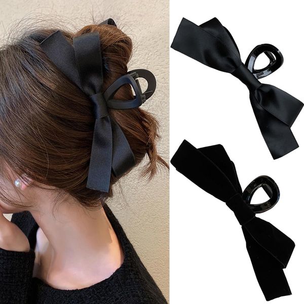 Black Bow Hair Clips for Women Girls 2Pcs Velvet Silky Satin Bow Claw Clip Long Curly Thick Thin Hair Nonslip Bowknot Hair Barrettes Jaw Strong Hold Hair Catch Clamps Large Hair Accessories