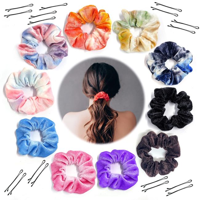 10 Stück Haargummis Scrunchies aus Samt für Damen und Mädchen, Niedliche Weiche elastische Haarbänder Haarschmuck mit 15 glatte Haarspangen