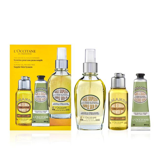 L'OCCITANE Supple Skin System: Hydrate & Soften, Almond Oil Infused Trio Featuring Almond Supple Skin Oil, Almond Shower Oil, and Almond Delicious Hand & Nail Care Lotion, Bath and Body Gift Set