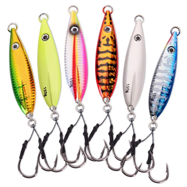 Calissa Offshore Tackle Fast Fall Jig 80g 150g 250g 300LBS Assist Hooks 3/0 Butterfly - Vertical Jig Speed Lure Slow Pitch Fall Glow Options (6 Pack, 150g)