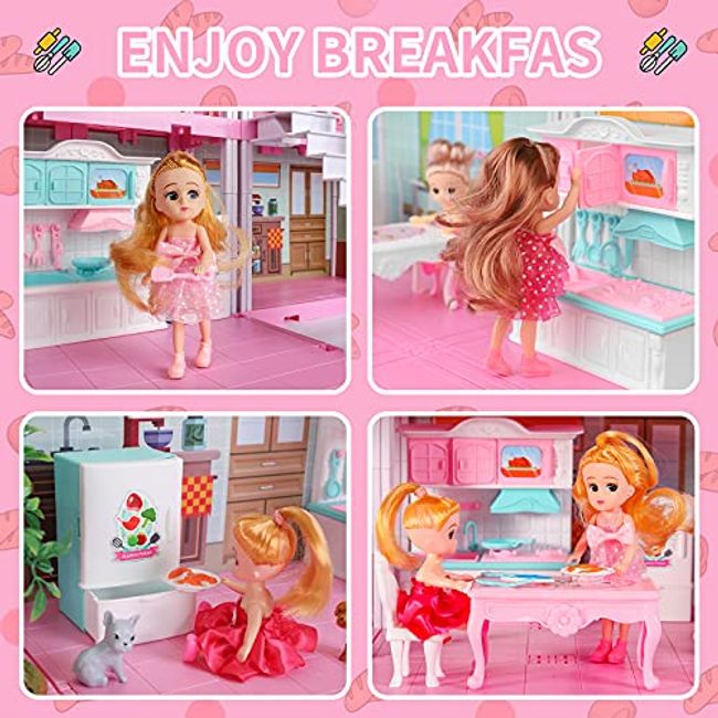 Doll House, Dream Doll House Furniture Pink Girl Toys, 4 Stories 10 Rooms  Dollhouse with 2 Princesses Slide Accessories, Toddler Playhouse Gift for