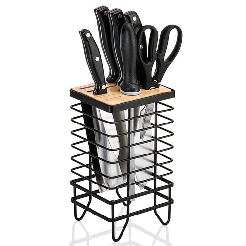 LINFIDITE Knife Block for Kitchen Universal Knife Storage Organiser 8 Slots Top Hollow Iron Wire Knife Rack Safe to Use Different Size Knife Scissors Kitchen Countertop Storage Black