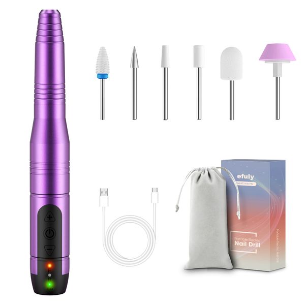 [2022 Upgraded] Cordless Nail Drill, Portable and Quiet Acrylic Nail E File [3 Speeds] efuly Rechargeable Nail Machine with Bits for Fast Remove Acrylic, Poly Gel Nails, Manicure Pedicure - Purple