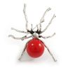 Statement Red Acrylic Spider Brooch in Silver Tone - 65mm Tall