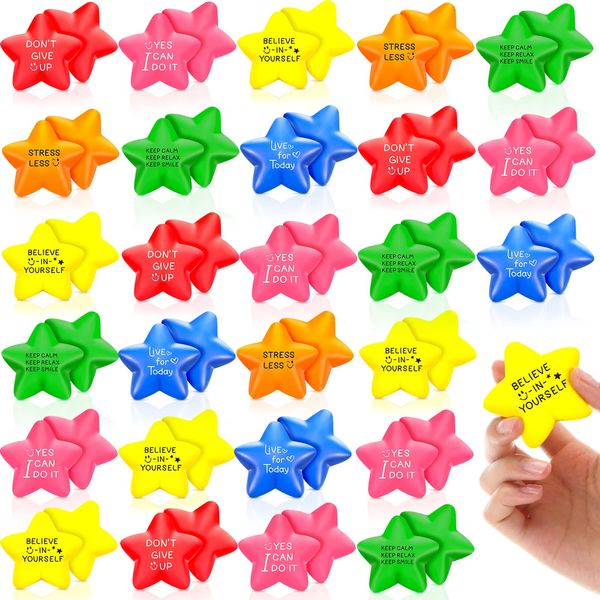 48 Pcs Motivational Star Stress Balls 2.2 Inch Stress Relief Ball with Quotes Colorful Foam Ball Inspirational Hand Exercise Toys for Relieve Anxiety Party School Carnival Reward (Bright Color)