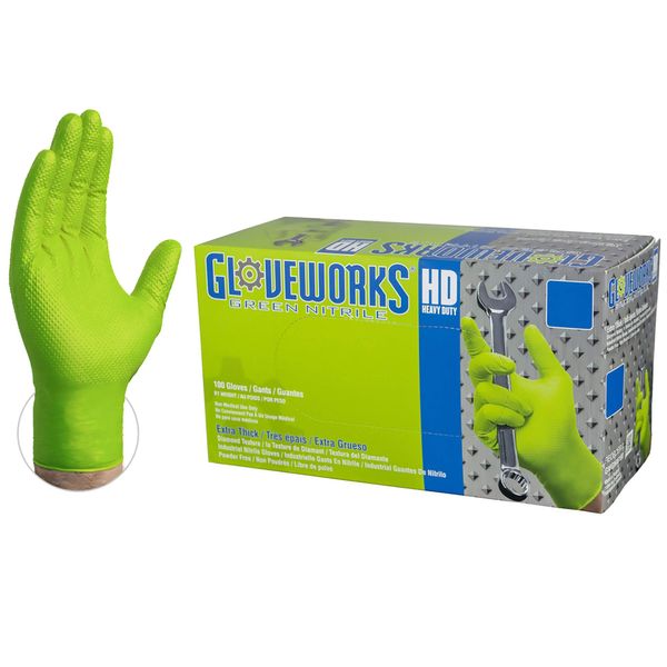 GLOVEWORKS HD Green Nitrile Industrial Disposable Gloves, 8 Mil, Latex-Free, Raised Diamond Texture, Large, Box of 100