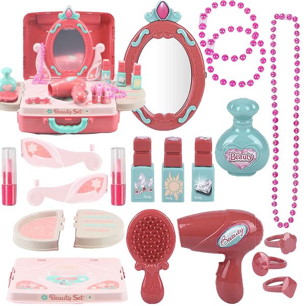 Shape28 3 in 1 45 Pcs Pretend Makeup Case Beauty Salon Toy Play Set for Girls Dress Up and Pretend Play Kids Makeup Kit with Cosmetic Case Beauty Mirror Hairbrush Pretend Nail Polish Kids Jewelry