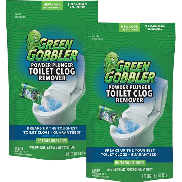 Green Gobbler POWDER PLUNGER Toilet Bowl Clog Remover - 2 Pack Net WT 16.5 oz