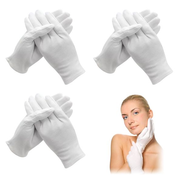 QOCO 3 Pairs White Gloves Cotton Moisturising Gloves for Eczema Dry Hands Breathable Machine Washable Cloth Gloves for Men Women Bedtime Sleep Overnight Hand Cream Lotion Protection Gloves