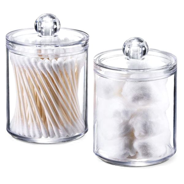 Hwtcjx 2 PCS Cotton Bud Holder, Bathroom Jars, Cotton Pad Holder with Lids, for Cotton Ball Swab Pad, Made of PS Material, Dust-proof and Moisture-proof, for Living Room, Bedroom, Study Room, Bathroom