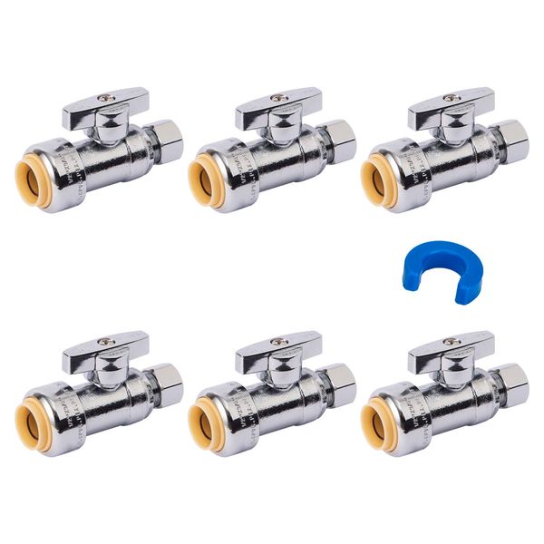 Straight Stop Valve, 6-Pack SUNGATOR Straight Water Shut Off Valve 1/2 x 3/8 Inch Compression, Toilet Water Valve, 1/4 Turn, No Lead Brass Push to Connect Plumbing Fitting, PEX Pipe, Copper, CPVC