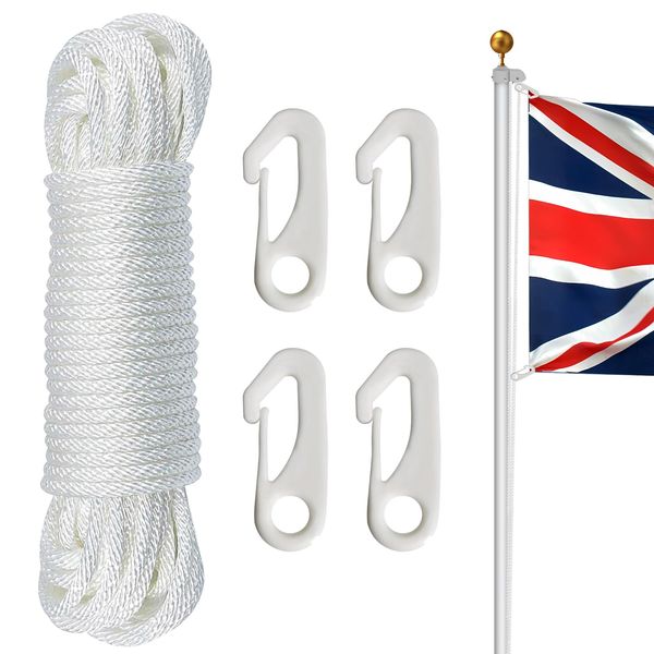 NQ Flag Pole Rope with Flag Pole Clip, 50FT/ 15M Nylon Flag Rope with 4 Pcs Flag Pole Clip Hooks, Flag Pole Halyard Rope Kit, Nylon Cord for Outdoor, Camping, Swing, Clothesline, Garden(White)