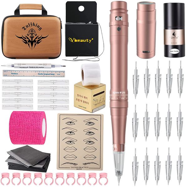 YBEAUTY Permanent Eyebrow Makeup Tattoo Machine Kit With 15 pcs Cartridge Needles Microblading Supply for Eyebrow Lip Eyeliner Ombre Powder Brows Microshading Supplies(Pink Tattoo Kit)