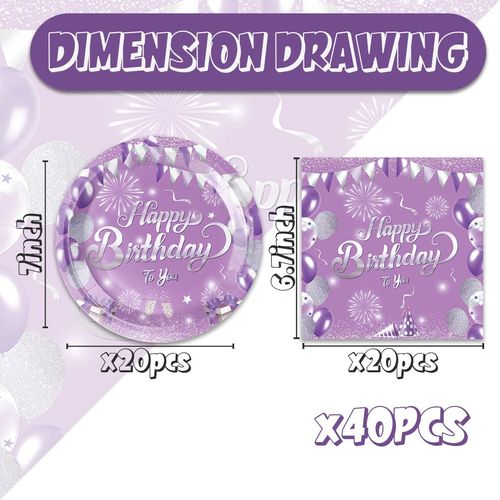 40pcs Purple Birthday Party supplies，Purple Silver party Tableware Set Confetti Sprinkles Happy Birthday Party Decorations for Women Girls Birthday Party Disposable Tableware (violet)