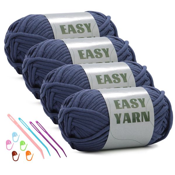 dipeer 4x50g Cowboy Blue Yarn, Crochet & Knitting Yarn for Beginners Easy-to-See Stitches Chunky Thick Cotton Nylon Blend Yarn for Crocheting with Crochet Accessories