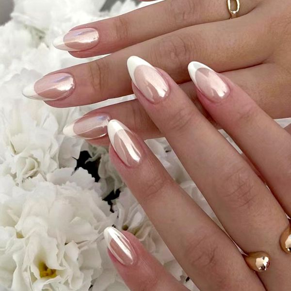 24Pcs Almond False Nails Short Aurora French Press on Nails White Border Fake Nails Glossy Glitter Acrylic Full Cover Glue on Nails 12 Sizes Oval Stick on Nails for Woman Girls DIY Nails Art